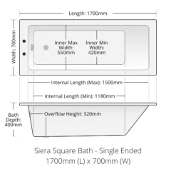 Siera Square Style Whirlpool Spa Bath 1700 X 700mm With 6 Or 11 Jet + Light 17 Siera Square Style Whirlpool Spa Bath 1700 X 700mm With 6 Or 11 Jet + Light -Comparethebathroom Shop Sienna Siera 1700 1