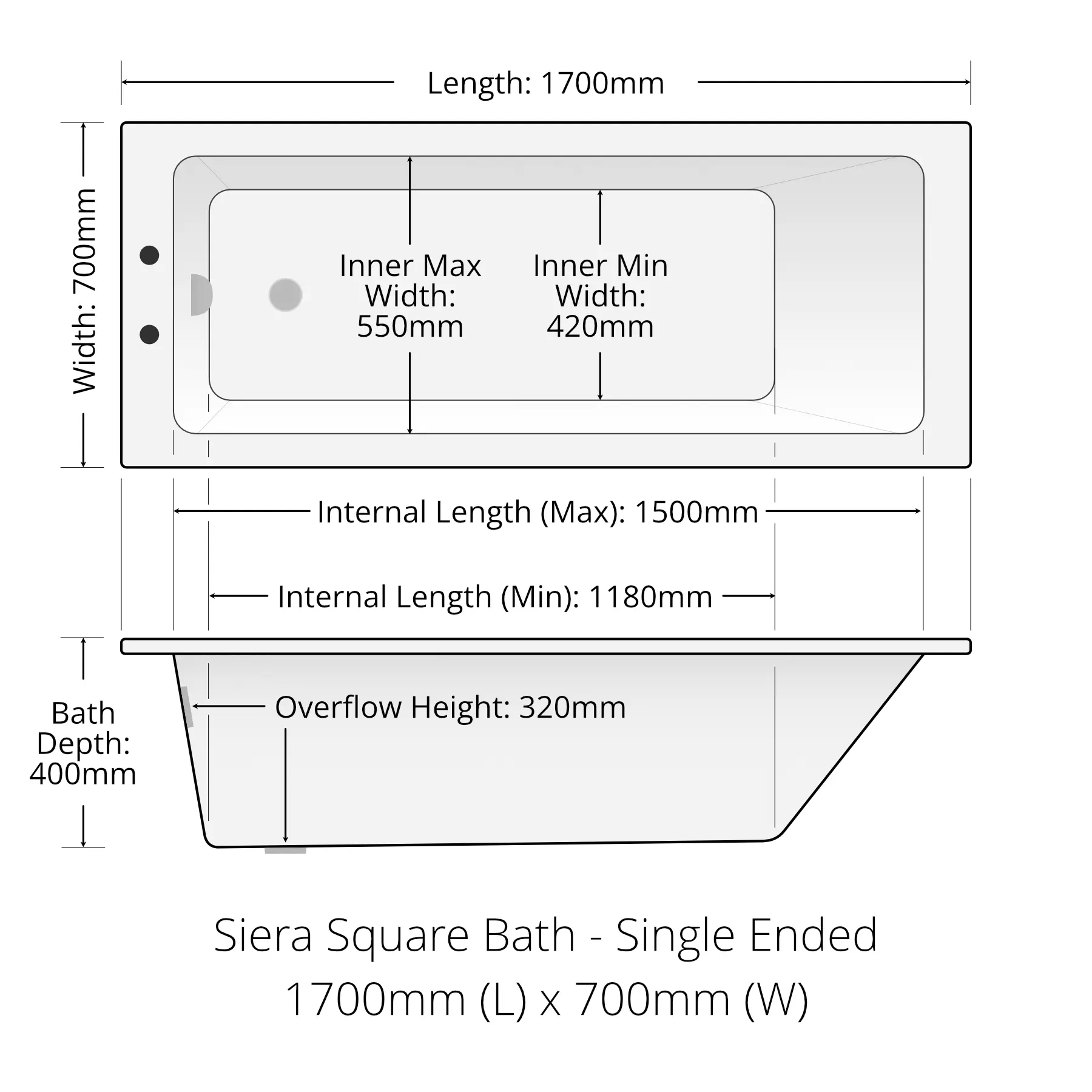 Siera Square Style Whirlpool Spa Bath 1700 X 700mm With 6 Or 11 Jet + Light 10 Siera Square Style Whirlpool Spa Bath 1700 X 700mm With 6 Or 11 Jet + Light - Image 8