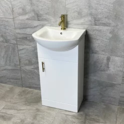 Vanity Unit Bathroom Sink Basin Storage White With Gold Brushed Brass Handles -Comparethebathroom Shop St Moritz 450 Vanity Brushed Brass Compare Front jpg webp