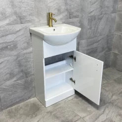 Vanity Unit Bathroom Sink Basin Storage White With Gold Brushed Brass Handles -Comparethebathroom Shop St Moritz 450 Vanity Brushed Brass Compare Open jpg webp
