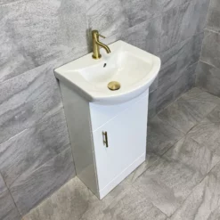 Vanity Unit Bathroom Sink Basin Storage White With Gold Brushed Brass Handles -Comparethebathroom Shop St Moritz 450 Vanity Brushed Brass Compare Side jpg webp