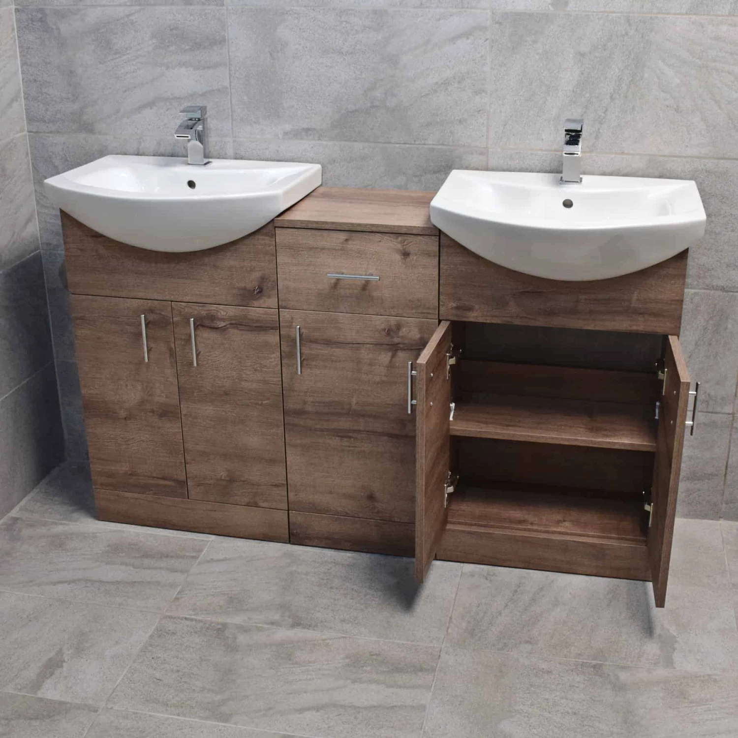 Mediterranean 1450 Double Basin Sink Vanity Unit Set Bathroom Walnut Oak Finish 4 Mediterranean 1450 Double Basin Sink Vanity Unit Set Bathroom Walnut Oak Finish - Image 2