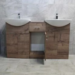 Mediterranean 1450 Double Basin Sink Vanity Unit Set Bathroom Walnut Oak Finish 10 Mediterranean 1450 Double Basin Sink Vanity Unit Set Bathroom Walnut Oak Finish -Comparethebathroom Shop St moritz double basin walnut door mid