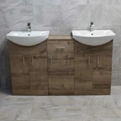 Mediterranean 1450 Double Basin Sink Vanity Unit Set Bathroom Walnut Oak Finish