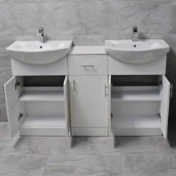 Mediterranean 1450mm Double Basin Sink Vanity Unit White Finish 10 Mediterranean 1450mm Double Basin Sink Vanity Unit White Finish -Comparethebathroom Shop St moritz double basin white doors