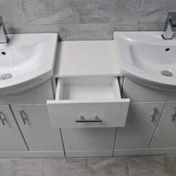 Mediterranean 1450mm Double Basin Sink Vanity Unit White Finish 11 Mediterranean 1450mm Double Basin Sink Vanity Unit White Finish -Comparethebathroom Shop St moritz double basin white drawer
