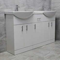 Mediterranean 1450mm Double Basin Sink Vanity Unit White Finish 13 Mediterranean 1450mm Double Basin Sink Vanity Unit White Finish -Comparethebathroom Shop St moritz double basin white side