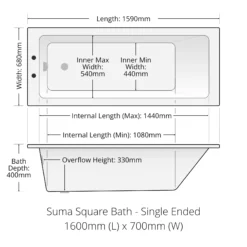 Suma 1600 X 700mm White Acrylic Square Single Ended Bath With Panel Options 9 Suma 1600 X 700mm White Acrylic Square Single Ended Bath With Panel Options -Comparethebathroom Shop Summer Suma 1600