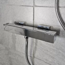Thermostatic Shower Valve With Square Slide Rail Kit + Optional Fixing Kit -Comparethebathroom Shop Thermostatic Shower Valve with Square Slide Rail Kit Closeup jpg webp