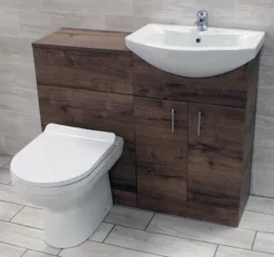 1740mm Walnut Oak Finish Bathroom Furniture Storage Suite Set Sink + Toilet -Comparethebathroom Shop WALNUT 1050mm SET LUXURY PAN PIC 1 MAY 17 jpg webp