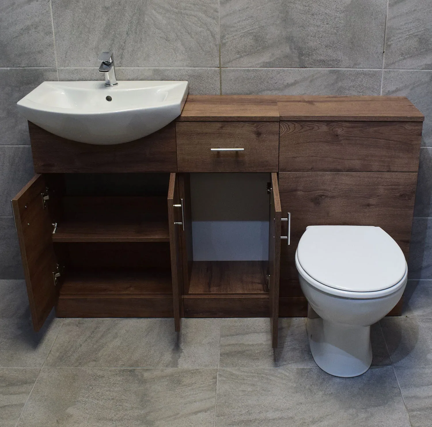 1350mm Walnut Drawerline Vanity Set Bathroom Storage Toilet + Basin Sink 5 1350mm Walnut Drawerline Vanity Set Bathroom Storage Toilet + Basin Sink - Image 3