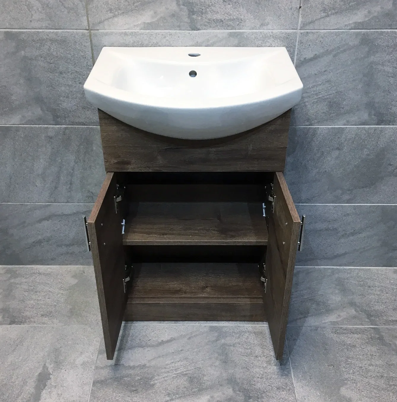 Walnut Oak Finish Vanity Basin Sink Unit 550mm Bathroom Storage Driftwood 5 Walnut Oak Finish Vanity Basin Sink Unit 550mm Bathroom Storage Driftwood - Image 3